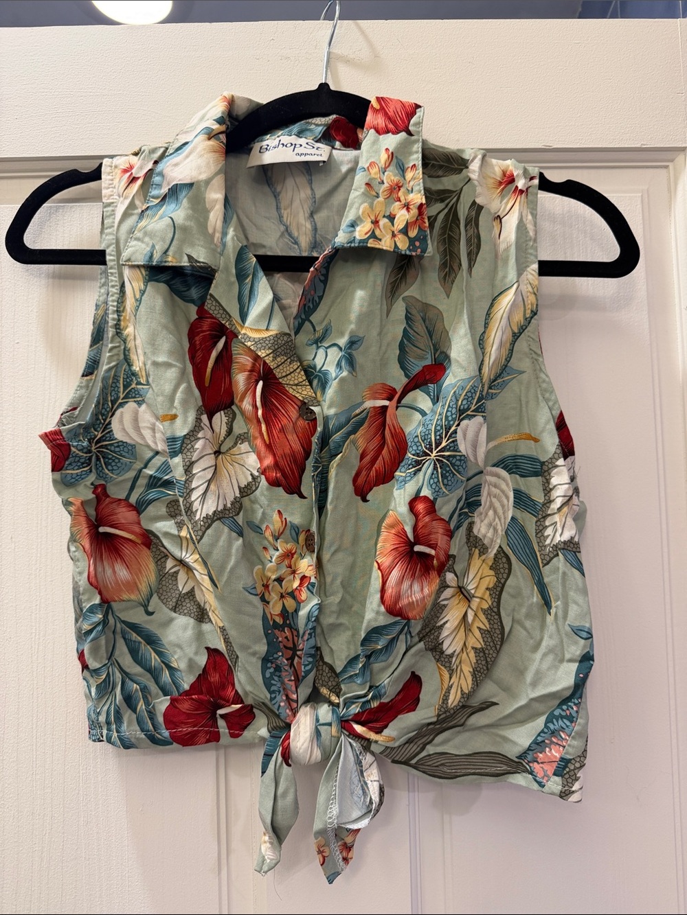 Vintage Tropical Tie-Front Camisole with Red Floral Print